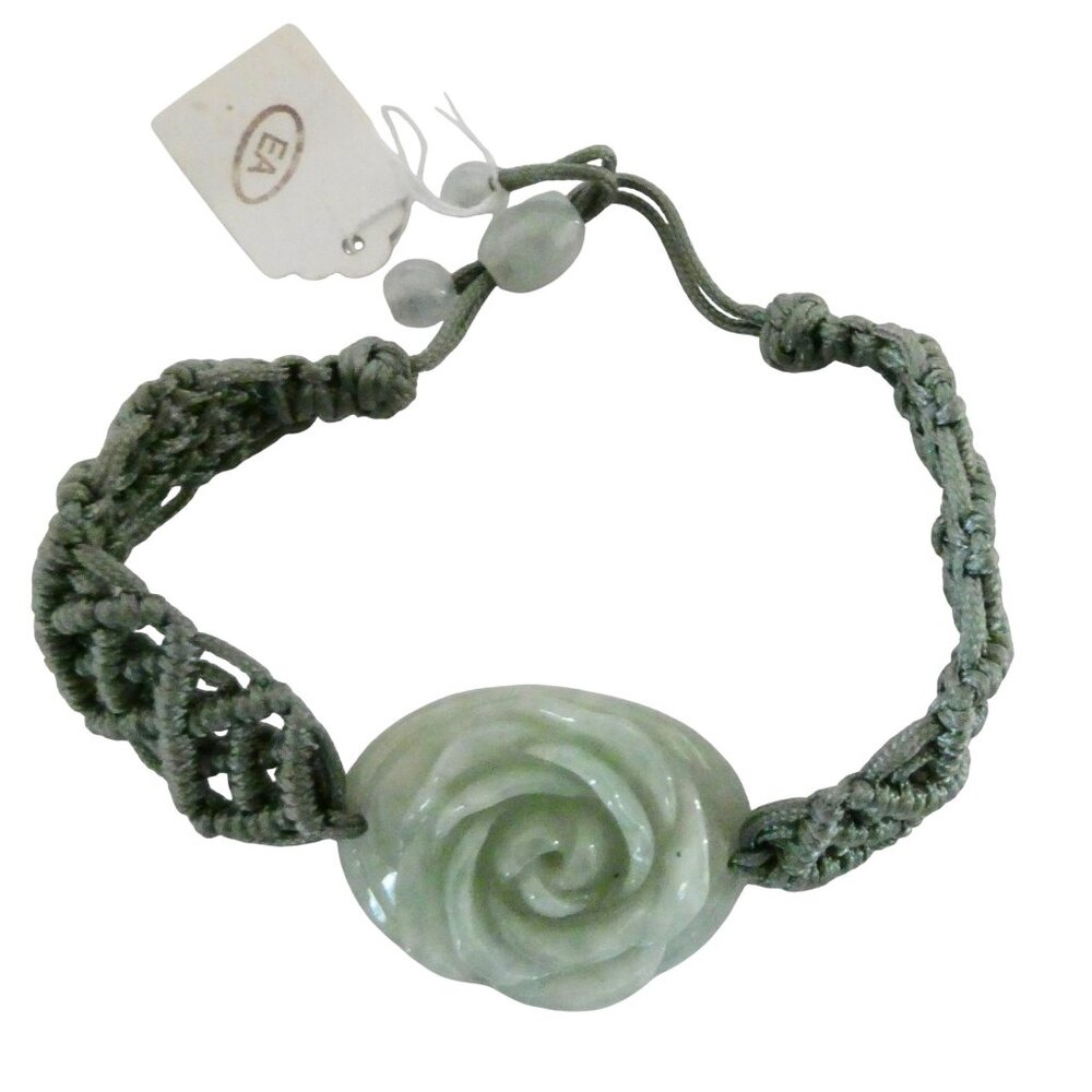 Macrame cuff bracelet w carved jadeite flower NWT adjustable
